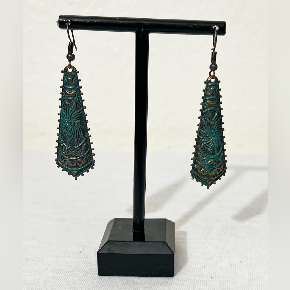 NWOT Patina Copper Intricately Carved Drop Earrings